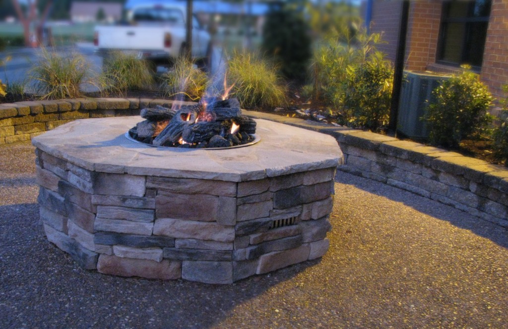 octagonal fire pit with fire burning  and plants in background