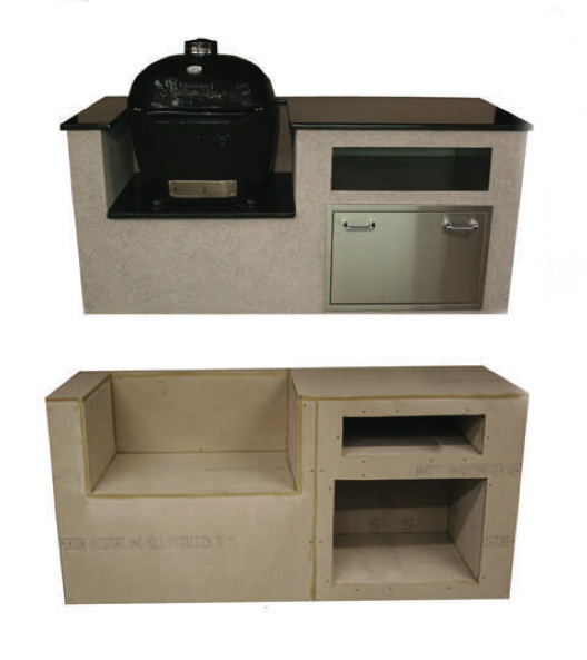 Two images of largo style of outdoor kitchen one at top is with full grill and doors the one at the bottom is the frame