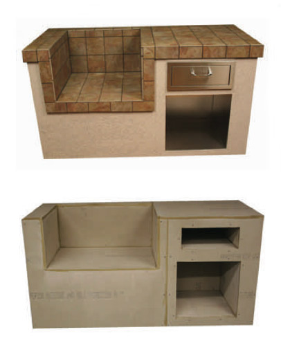 Two Montego style outdoor kitchen frames one more complete with bricks the other the shell
