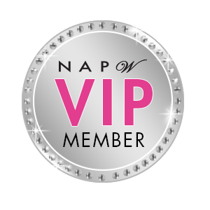 Circular Silver Logo that reads NAPW Member in black letters and VIP in large pink ones