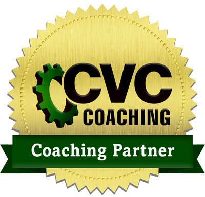 Circular Gold ribbon that says CVC Coaching in black letters and coaching partner on a green ribbon underneath